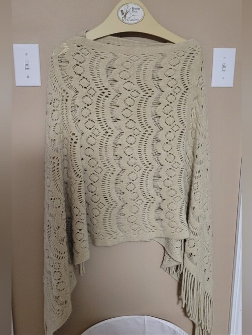 Boho Scallop Open Knit Fringe Poncho Shawl Taupe Beige OS
